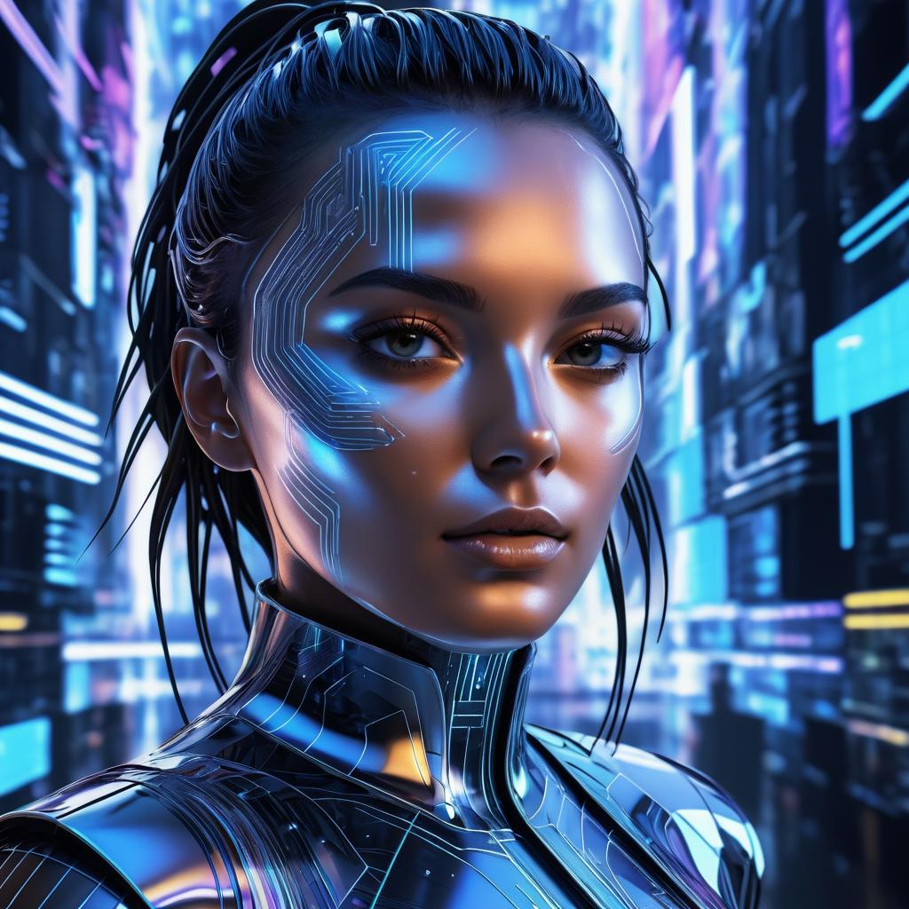 Holographic Woman in Cyberpunk Cityscape