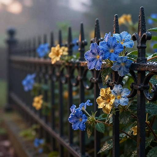Blue and Gold Flowers on Iron Fence