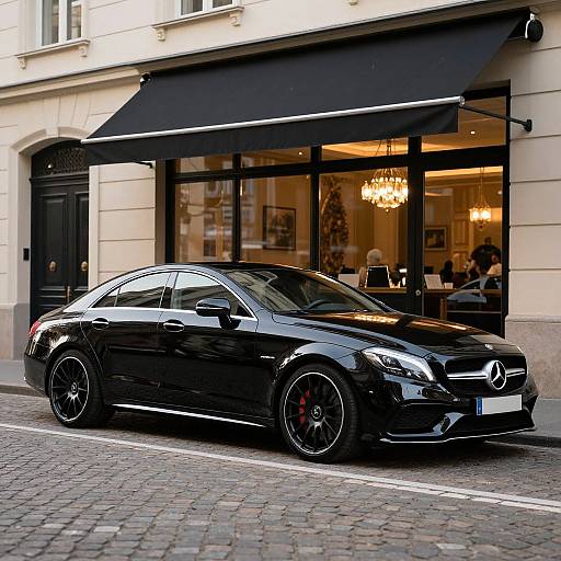 Photograph of a sleek, black Mercedes AMG sedan parked on a cobblestone street in front of a chic, black awning cafe. Warm