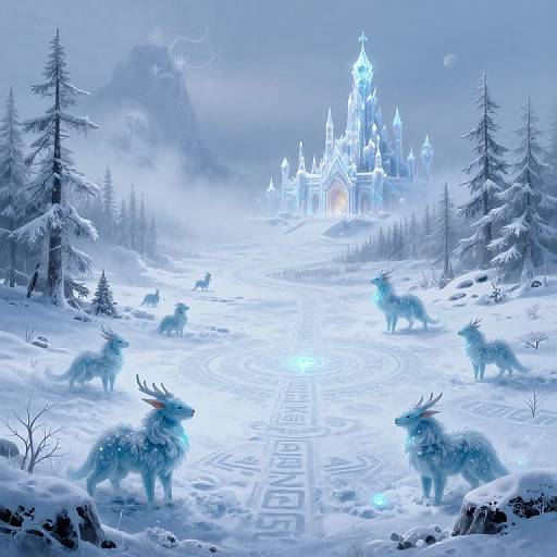 Digital artwork: Snowy forest path leads to glowing blue ice castle, flanked by luminescent, deer-like creatures with antlers, surrounded by