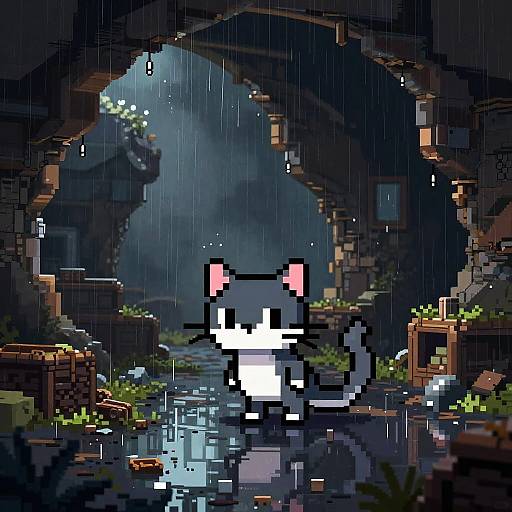 Pixel art of a white cat with pink ears standing in a rain-filled, dark, ruined archway, illuminated by blue light, with green plants and