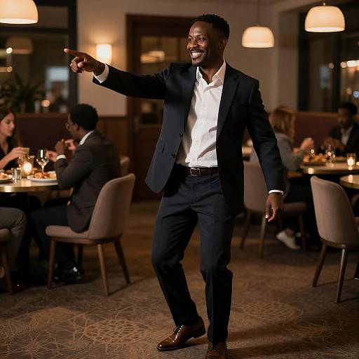 Mid-Dance Joy in a Dimly Lit Restaurant