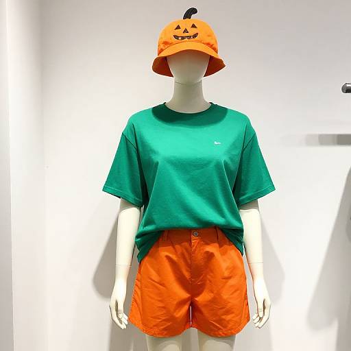 Photograph of a white mannequin wearing a green t-shirt, orange shorts, and an orange pumpkin hat with a jack-o'-lantern face