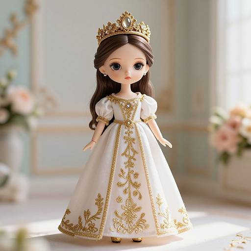 Photograph of a doll with long brown hair, wearing a gold crown, white dress with gold embroidery, standing in a bright, elegant room with soft