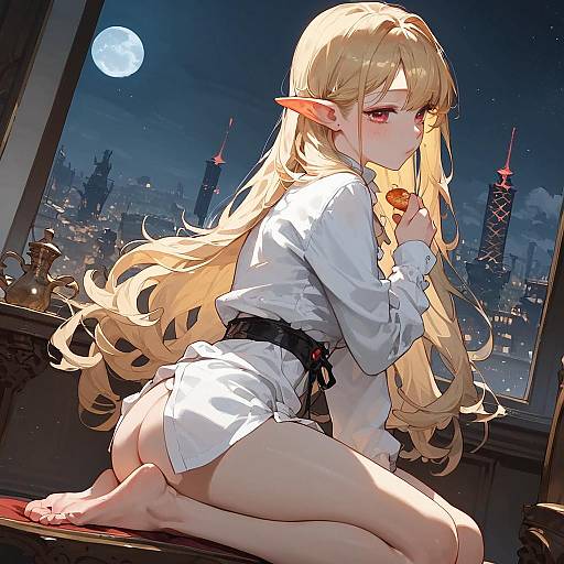 Anime Girl Sitting on City Edge