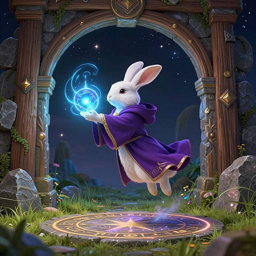 Digital artwork: White rabbit in purple robe, casting blue magical spell, mid-jump, under starry night sky, archway, grass, glowing