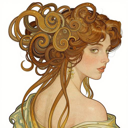 Digital illustration of a fair-skinned, red-haired woman with intricate, swirling hair, golden earrings, and an off-shoulder yellow-green garment,