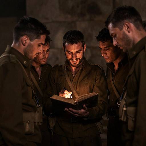 Soldiers Huddled Around Lit Book