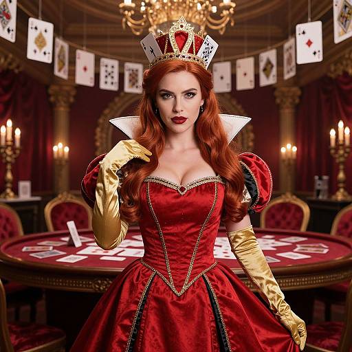 Photorealistic digital art of a red-haired queen with a crown, red dress, gold gloves, and a high white ruff, standing in a