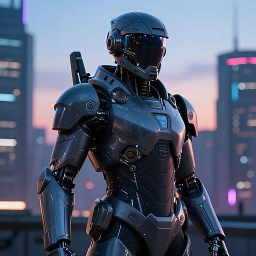 Photorealistic CGI of a sleek, black, futuristic robot with a helmet, standing in a neon-lit cityscape at twilight.