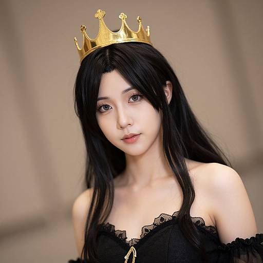 Photograph of an East Asian woman with long black hair, wearing a gold crown and black off-shoulder lace top, looking softly at the camera
