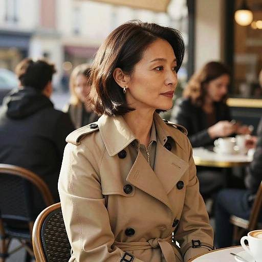 Photograph of an Asian woman with short black hair, wearing a beige trench coat, seated in a sunlit café, with blurred patrons in the background