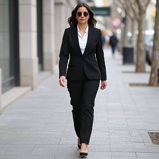 Photograph of a confident woman with dark hair, wearing black suit, white shirt, sunglasses, and black heels, walking on a city sidewalk.