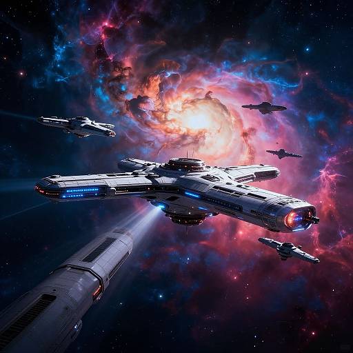 Photograph-style CGI of a futuristic spaceship with blue lights, surrounded by colorful nebulae, and accompanied by smaller spacecraft in space.
