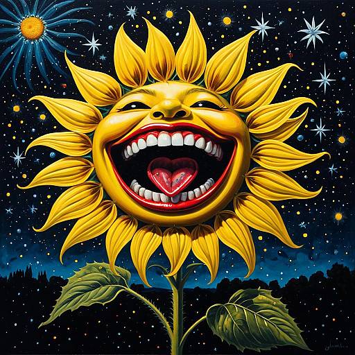 Surreal Laughing Sunflower in Starry Night