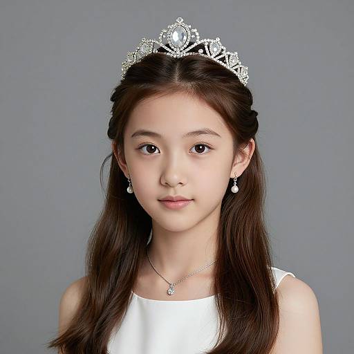 Photograph of an Asian girl with long black hair, wearing a silver tiara, white dress, and earrings, against a gray background.