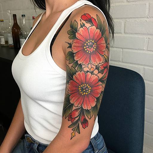 Vivid Red Floral Tattoo on Woman's Arm
