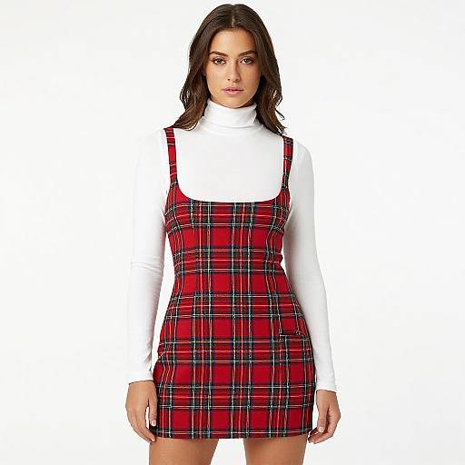 Photograph of a woman with long dark hair, wearing a red plaid pinafore dress over a white long-sleeve turtleneck,