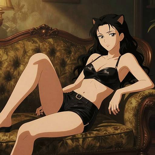Anime-style digital illustration of a black-haired woman with cat ears, wearing a black bra and shorts, reclining on a vintage floral couch in a dim