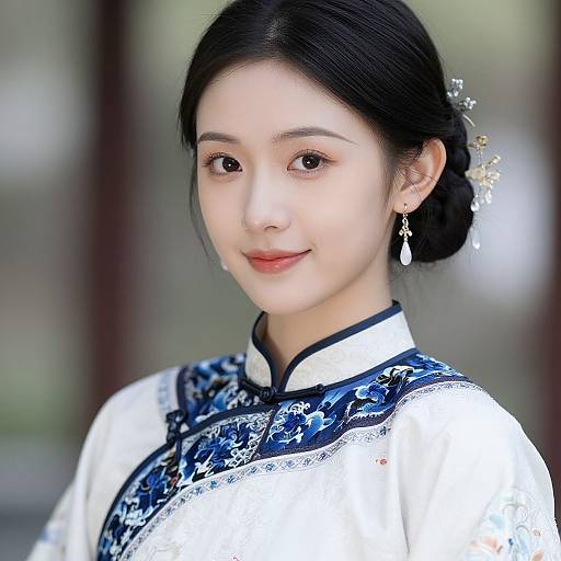 Photograph of an Asian woman with fair skin and black hair in an elegant bun, wearing traditional blue and white Chinese qipao with floral embroidery,