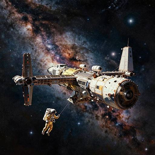 Astronaut Tethered to Space Station in Deep Space