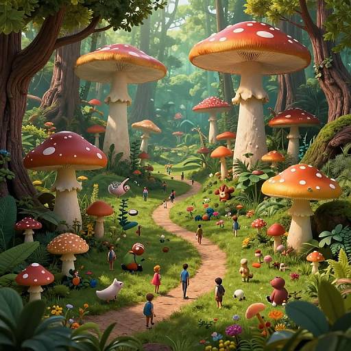 Digital artwork: Whimsical forest scene with giant red-and-white spotted mushrooms, tiny people, winding path, lush greenery, and sunlight filtering through