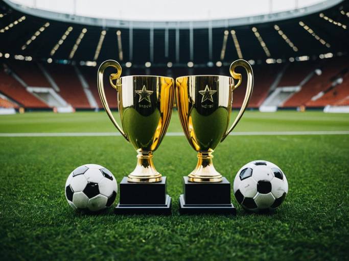 Two Golden Soccer Trophies on Field