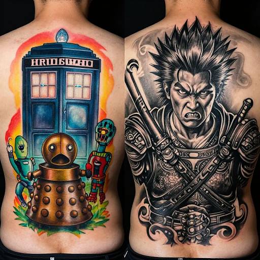 Photograph of tattooed back: left side features vibrant 