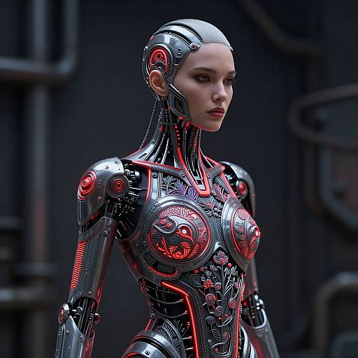 CGI image of a futuristic, silver-skinned female android with glowing red circuitry, sleek headpiece, and cybernetic enhancements, standing in