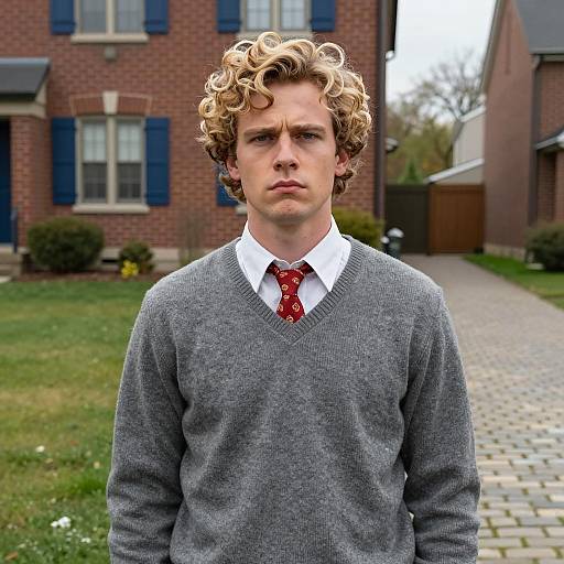 Serious Young Man in Suburban Neighborhood