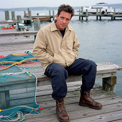 Photograph of a middle-aged man with short dark hair, beige shirt, dark pants, brown boots, sitting on a wooden dock, hands in pockets
