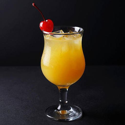 Photograph of a glass with a yellow-orange cocktail, ice cubes, and a red cherry on a black background.