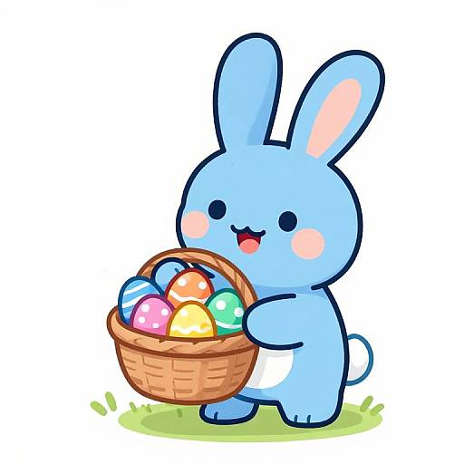 Cute, blue cartoon bunny with pink ears and cheeks holding a basket of colorful Easter eggs, standing on green grass. Digital drawing.