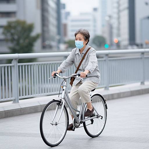 Photograph of an Asian woman with short black hair, wearing a blue mask, white shirt, beige pants, and brown bag, riding a silver bicycle