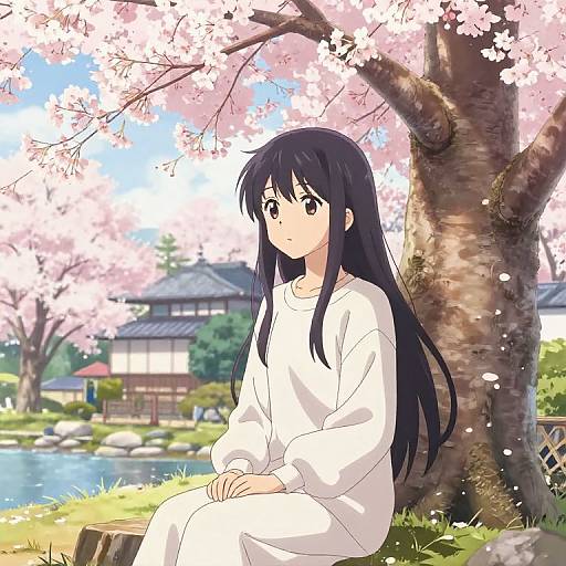 Serene Anime Girl Under Cherry Blossoms