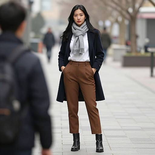 Photograph of an Asian woman with long black hair, wearing a black coat, gray scarf, white shirt, brown pants, and black boots, standing