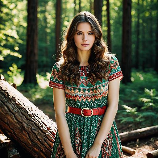 Young Woman in Patterned Dress Standing in Forest