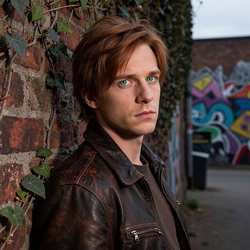 Photograph of a serious-looking man with green eyes, brown hair, wearing a brown leather jacket, leaning against a graffiti-covered brick wall with ivy