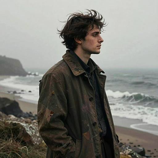 Magritte-Inspired Brooding Traveler Coastal Collage