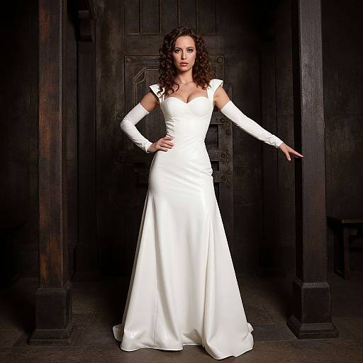 Photograph of a curly-haired woman in a white, strapless, satin wedding gown with long, lace sleeves, standing in a dark, wooden-pane
