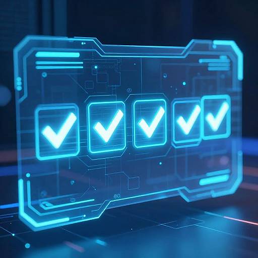 Digital CGI of a glowing blue neon interface with four checkmarks, set against a dark, tech-themed background.
