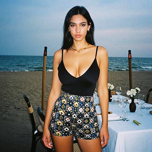 Photograph of a young woman with long dark hair, wearing a black deep V-neck top and patterned high-waisted shorts, standing on a