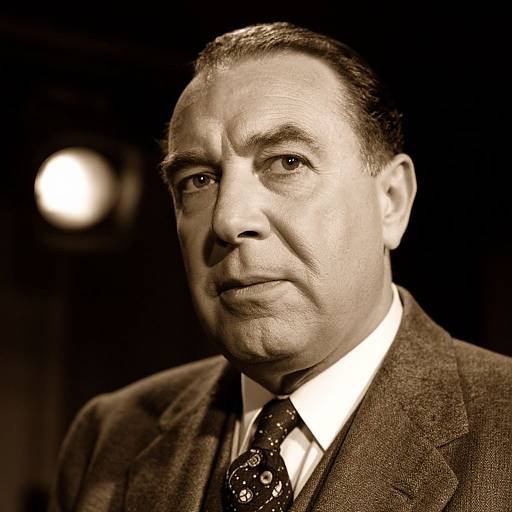 Sepia-toned photograph of a middle-aged man with short dark hair, wearing a brown suit, white shirt, and patterned tie, against a