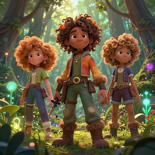 Three curly-haired, cartoon children in forest, glowing mushrooms, vibrant lights; central child wears green overalls, side children in green and blue outfits;