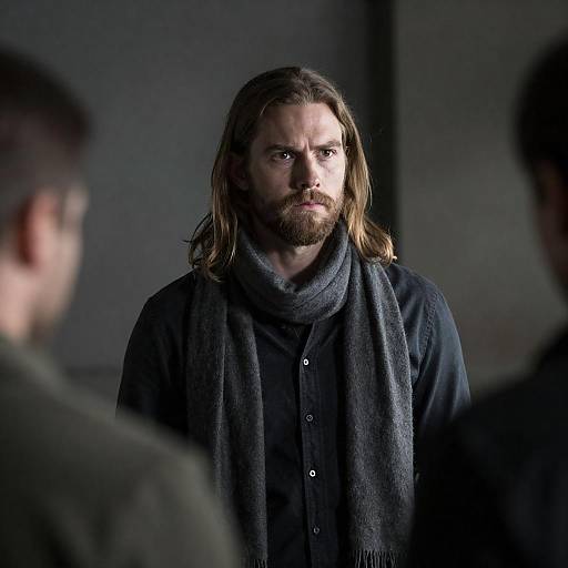 Photograph of a serious-looking man with long brown hair and beard, wearing a dark button-up shirt and gray scarf, standing against a dimly lit