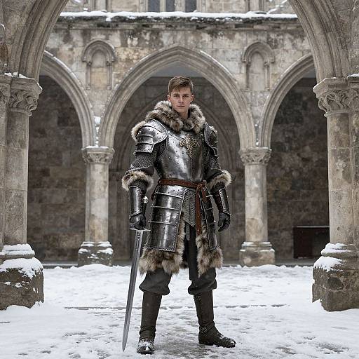 Photorealistic digital artwork of a muscular, young Caucasian knight in silver armor with fur trim, standing in a snow-covered medieval courtyard with stone arches