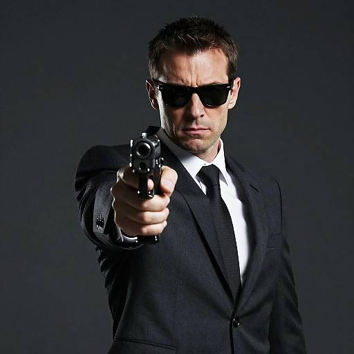 Intense Man in Suit with Gun