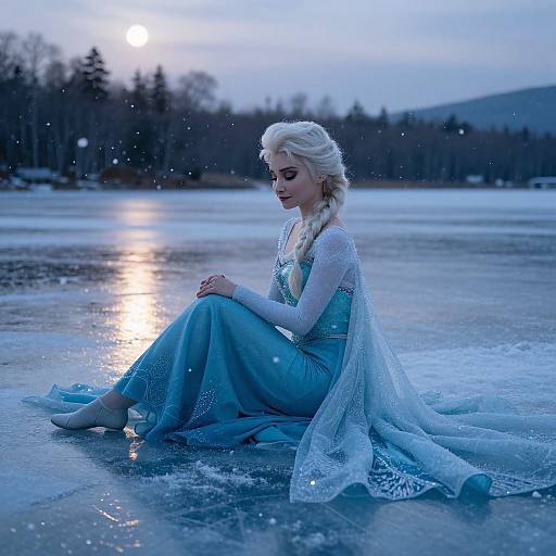 Photograph of Elsa from Frozen sitting on a frozen lake at sunset, wearing her blue ice queen gown, with snowflakes falling around her, and