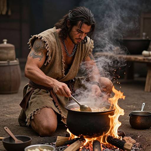 Photograph of a muscular, long-haired man with a tattoo, wearing a tattered, brown, sleeveless garment, cooking over a fire, ste