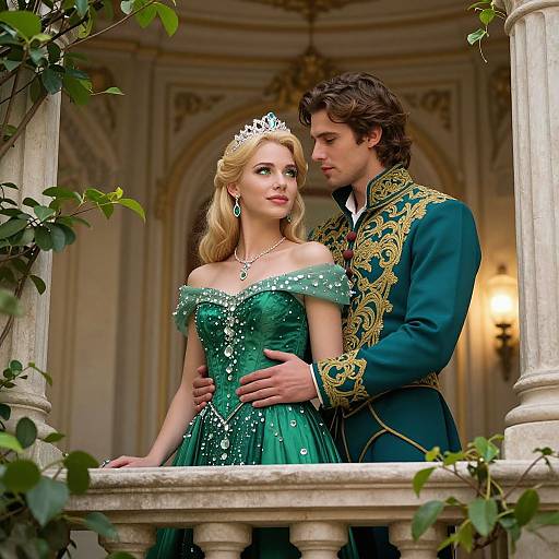 Photograph of a romantic couple in ornate green and gold attire, standing on a balcony with vines, the woman wearing a sparkly off-should